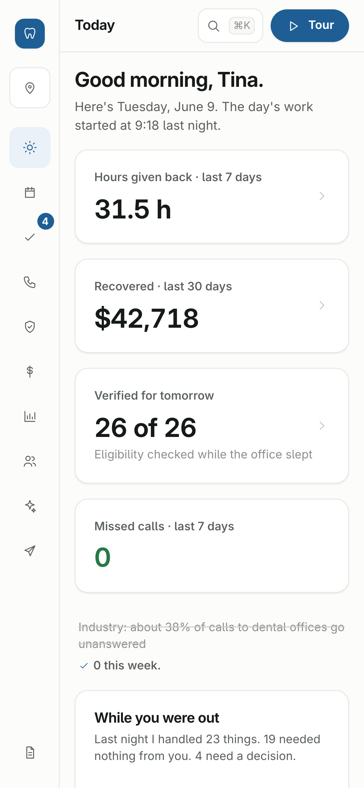 The Toof Today screen on a phone: the morning counters, with the night's work already done